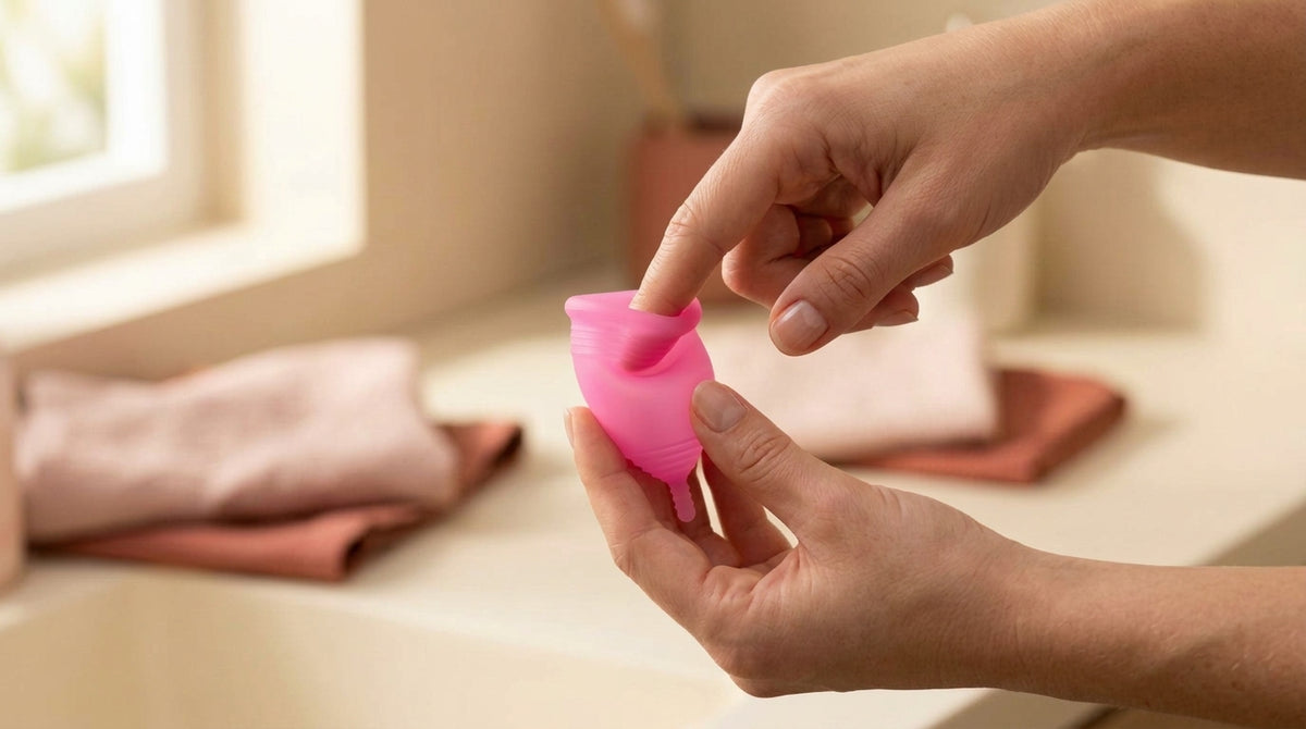 Hände zeigen eine Falttechnik mit einer rosa Floena Menstruationstasse