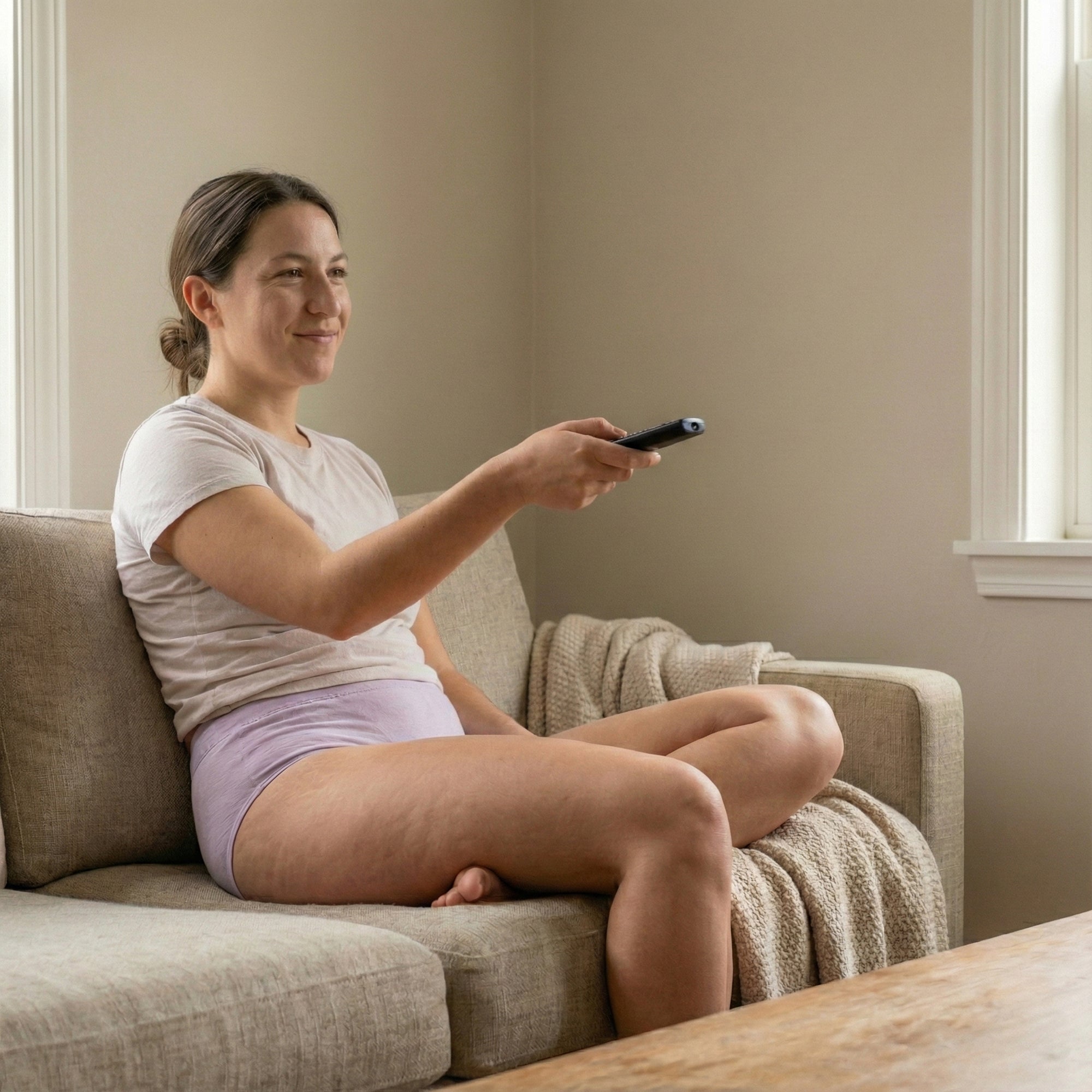 A woman relaxing on a sofa at home wearing Floena period underwear