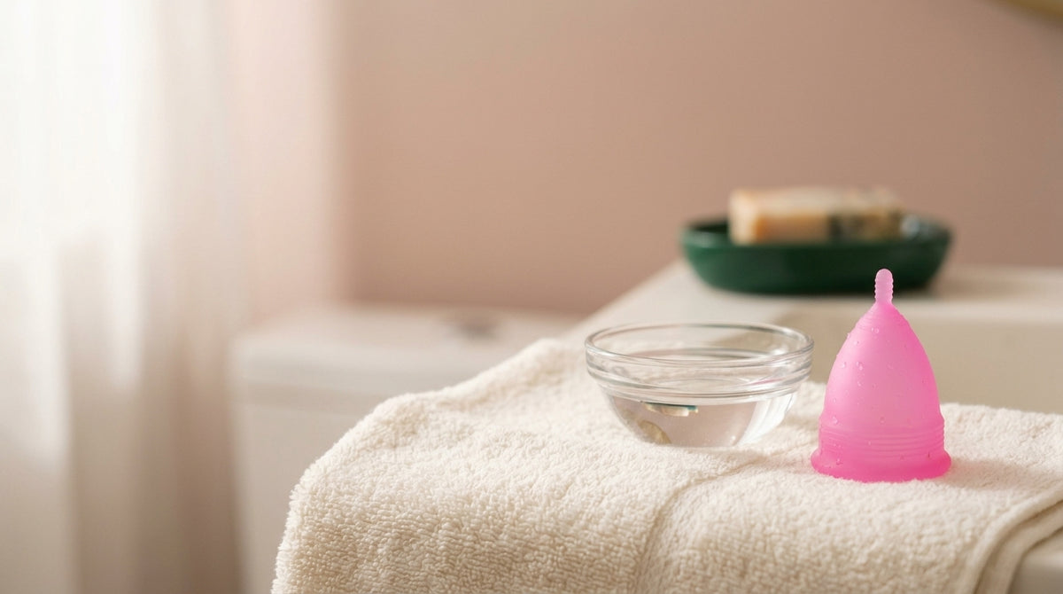 Pink Floena menstrual cup air-drying on a clean cotton towel after rinsing