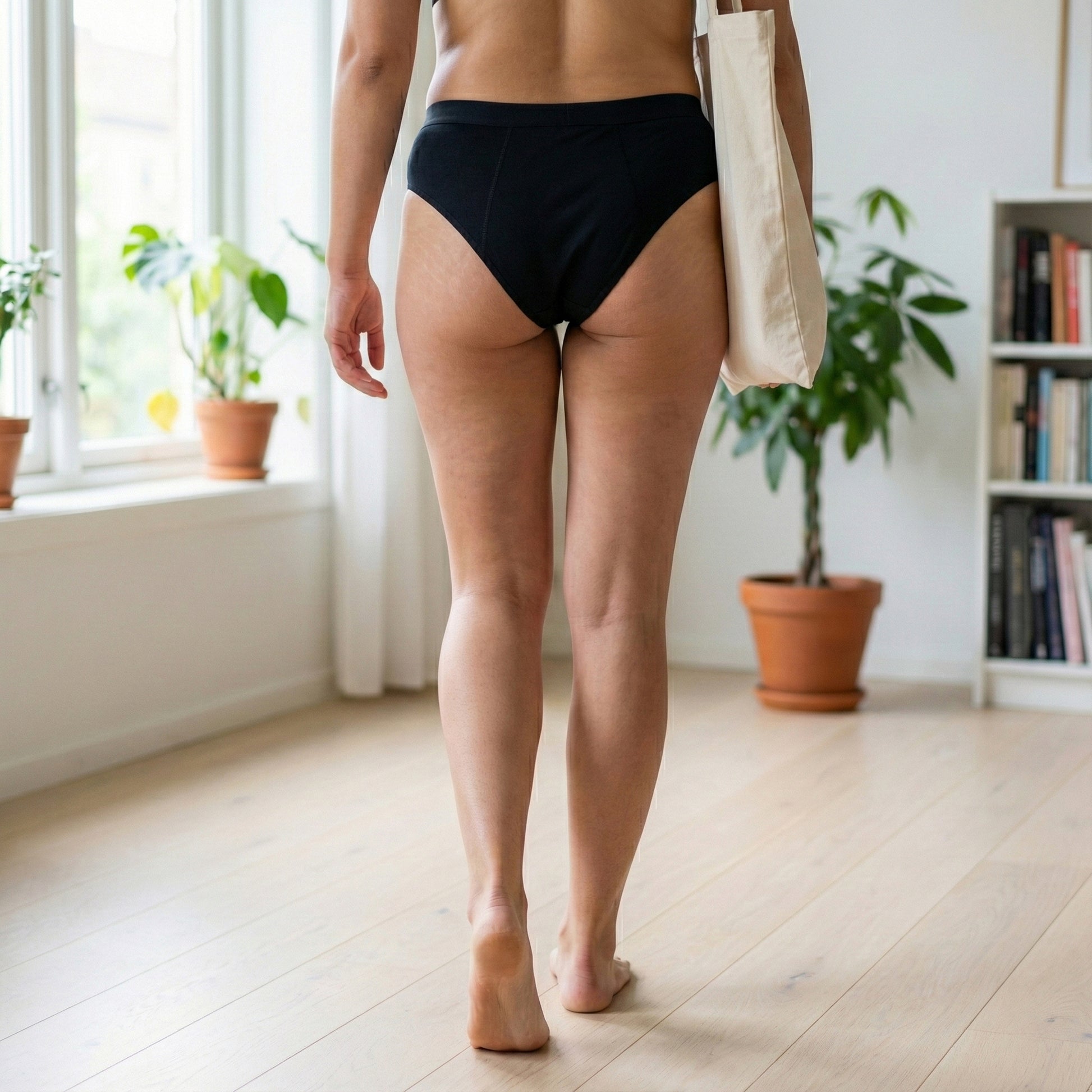 Zadnji pogled na model v črni Floena Leakproof Everyday Bamboo Bikini, bambusove menstrualne hlačke, ki s torbo hodi po svetlem prostoru z rastlinami in knjižno polico v ozadju