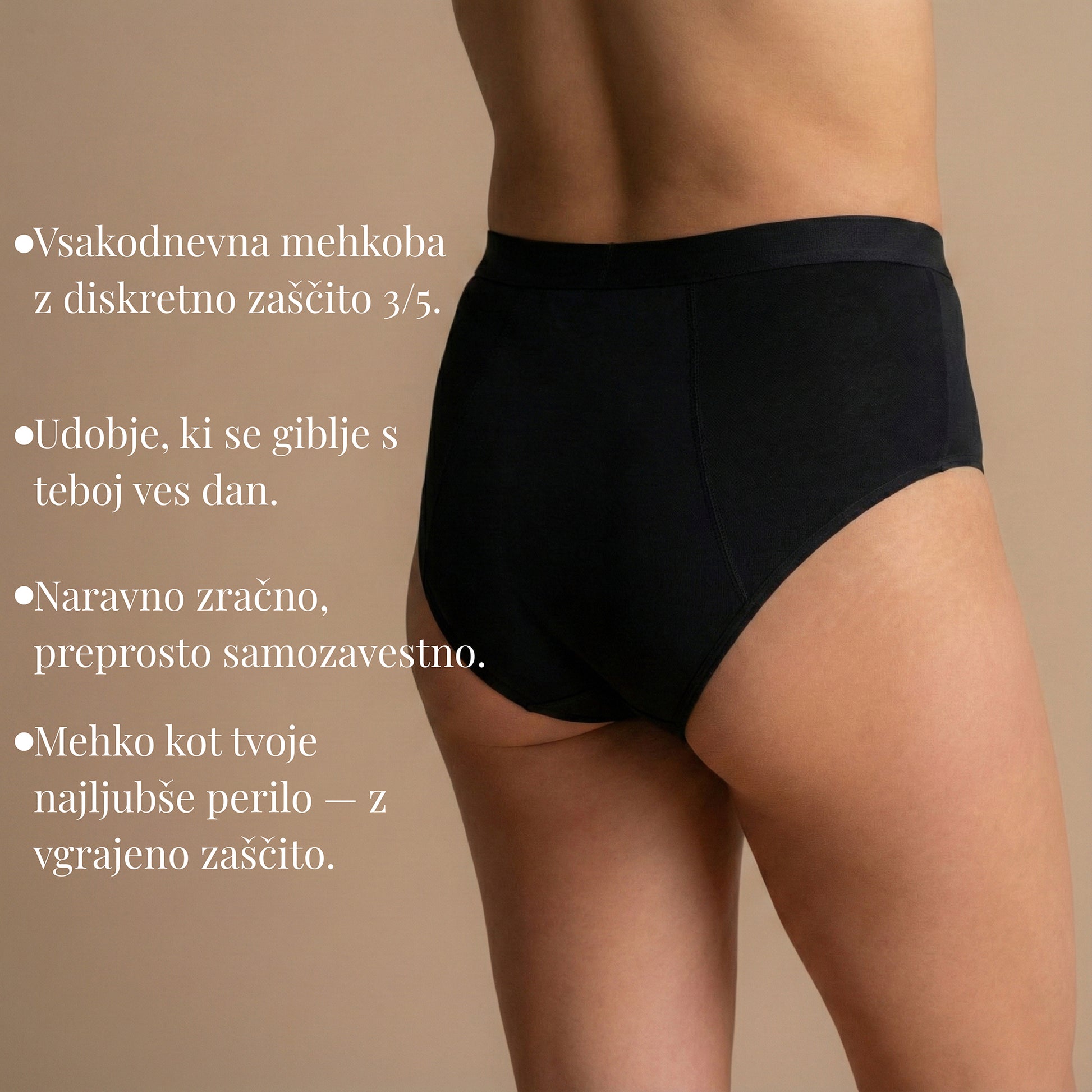 Zadnji pogled na model v črni Floena Leakproof Everyday Bamboo Bikini, bambusove menstrualne hlačke, z besedilom o vsakodnevni mehkobi, zračnosti in diskretni zaščiti 3/5
