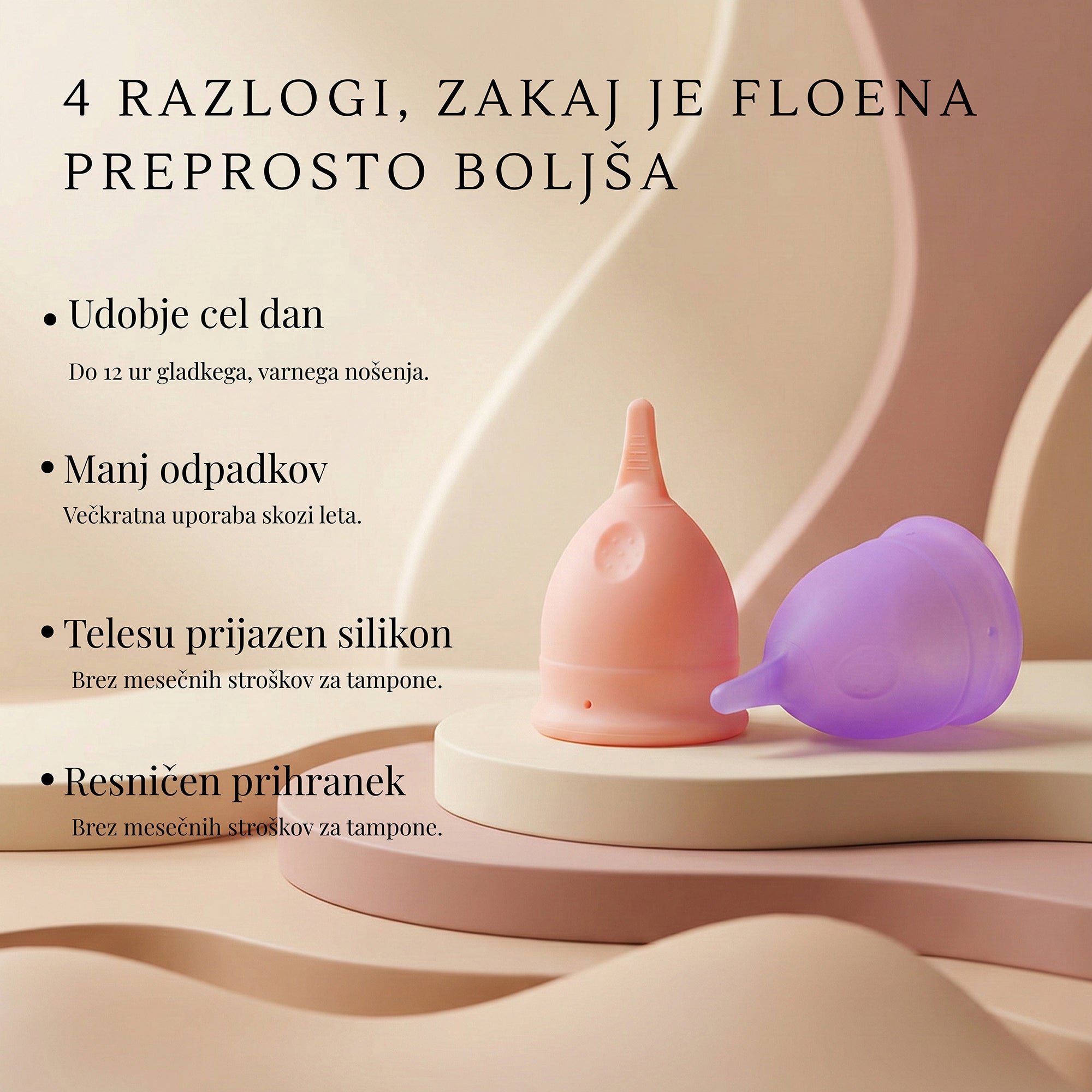 Floena Flexi Menstrual Cup — roza in vijolična menstrualna skodelica z besedilom o do 12 urah udobja, manj odpadkih, hipoalergenem silikonu in resničnih prihrankih