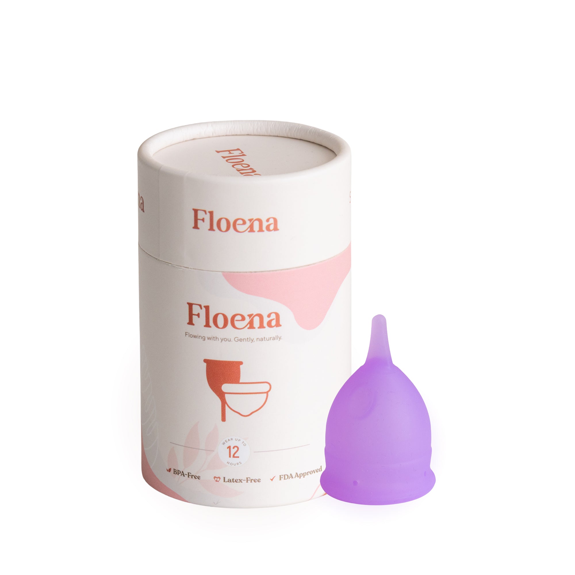 Floena Flexi Menstrual Cup — vijolična menstrualna skodelica iz mehkega medicinskega silikona, udobna zaščita brez puščanja do 12 ur