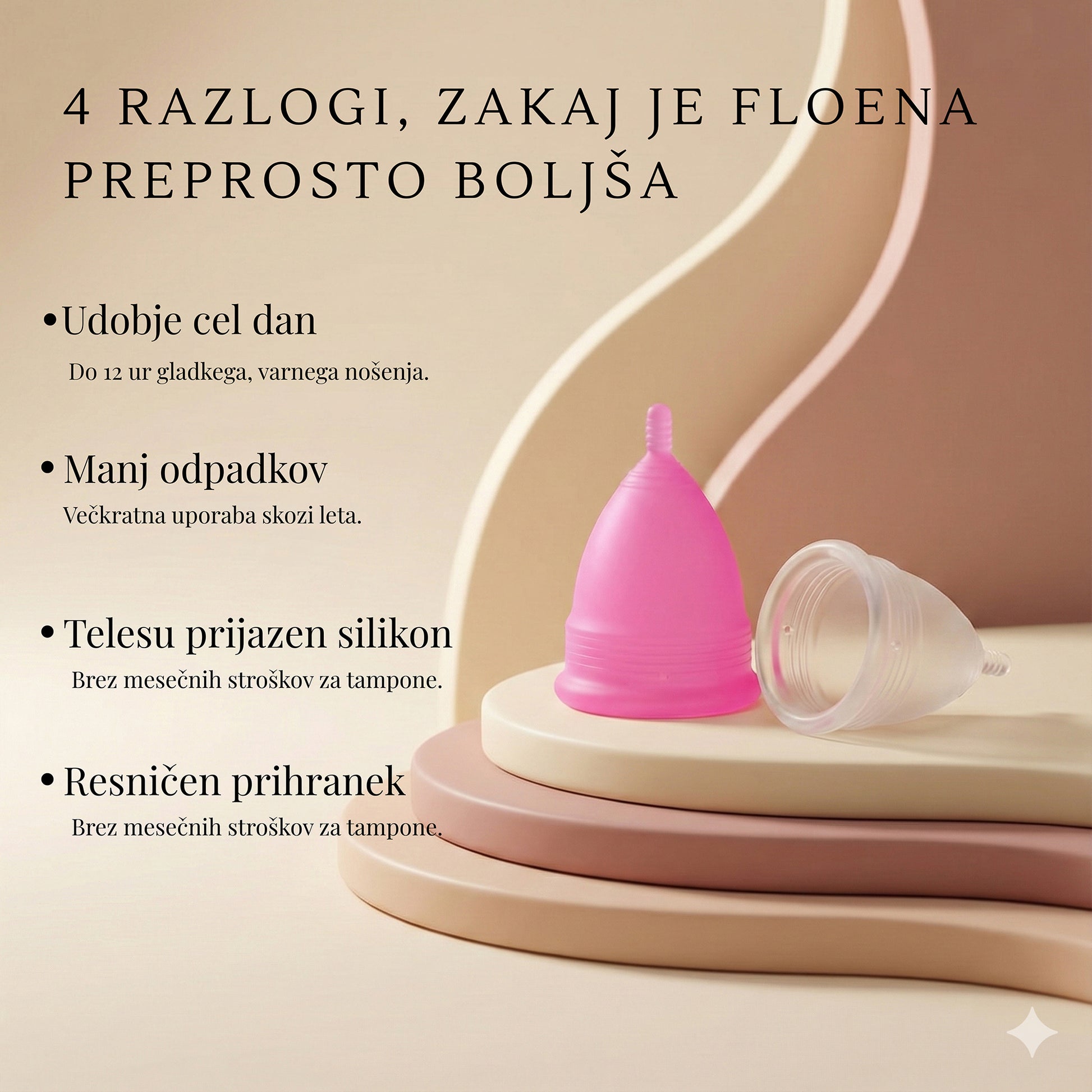 Floena Menstrual Cup — roza in prosojna menstrualna skodelica z besedilom o celodnevnem udobju, manj odpadkih, telesu prijaznem silikonu in resničnem prihranku v primerjavi s tamponi