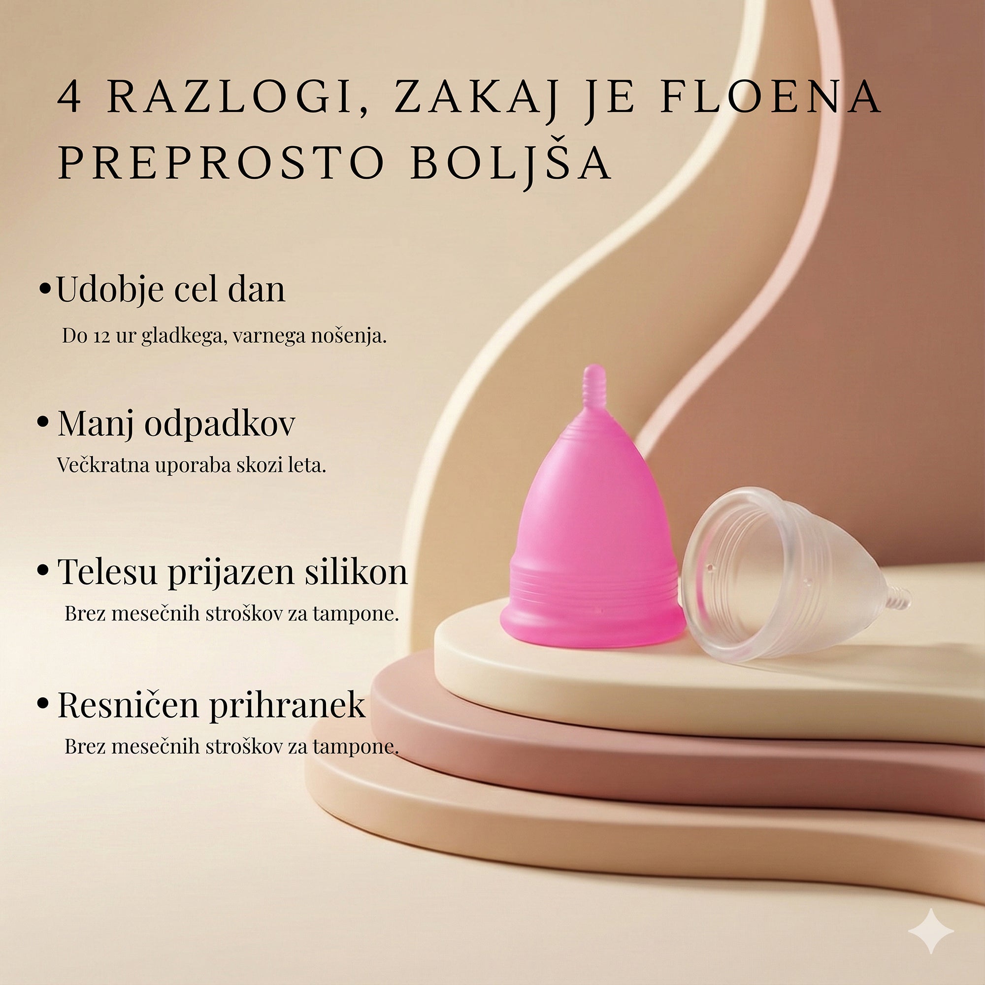 Floena Menstrual Cup — roza in prosojna menstrualna skodelica z besedilom o celodnevnem udobju, manj odpadkih, telesu prijaznem silikonu in resničnem prihranku v primerjavi s tamponi