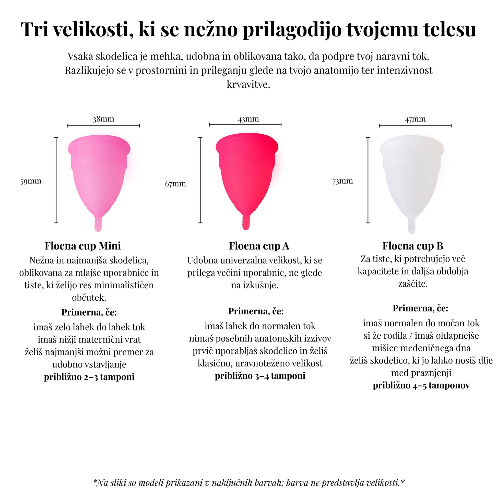 Floena menstrualne skodelice v treh velikostih — Mini za lažji tok, Cup A za vsestransko prileganje in Cup B za močnejši tok in daljše nošenje