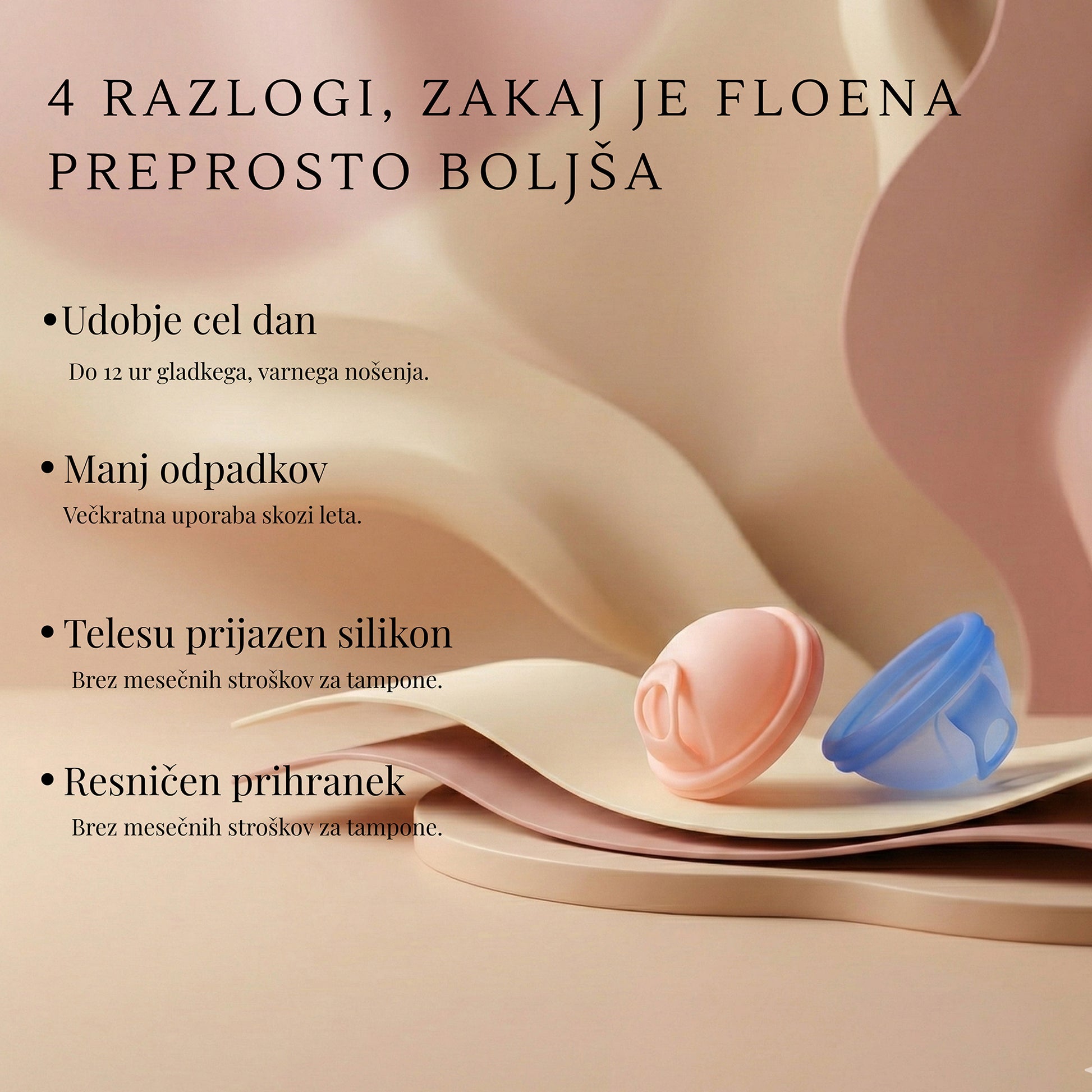 Floena Menstrual Disc — roza in moder menstrualni disk iz hipoalergenega silikona z besedilom o do 12 urah udobnega, večkratno uporabnega in okolju prijaznega nošenja