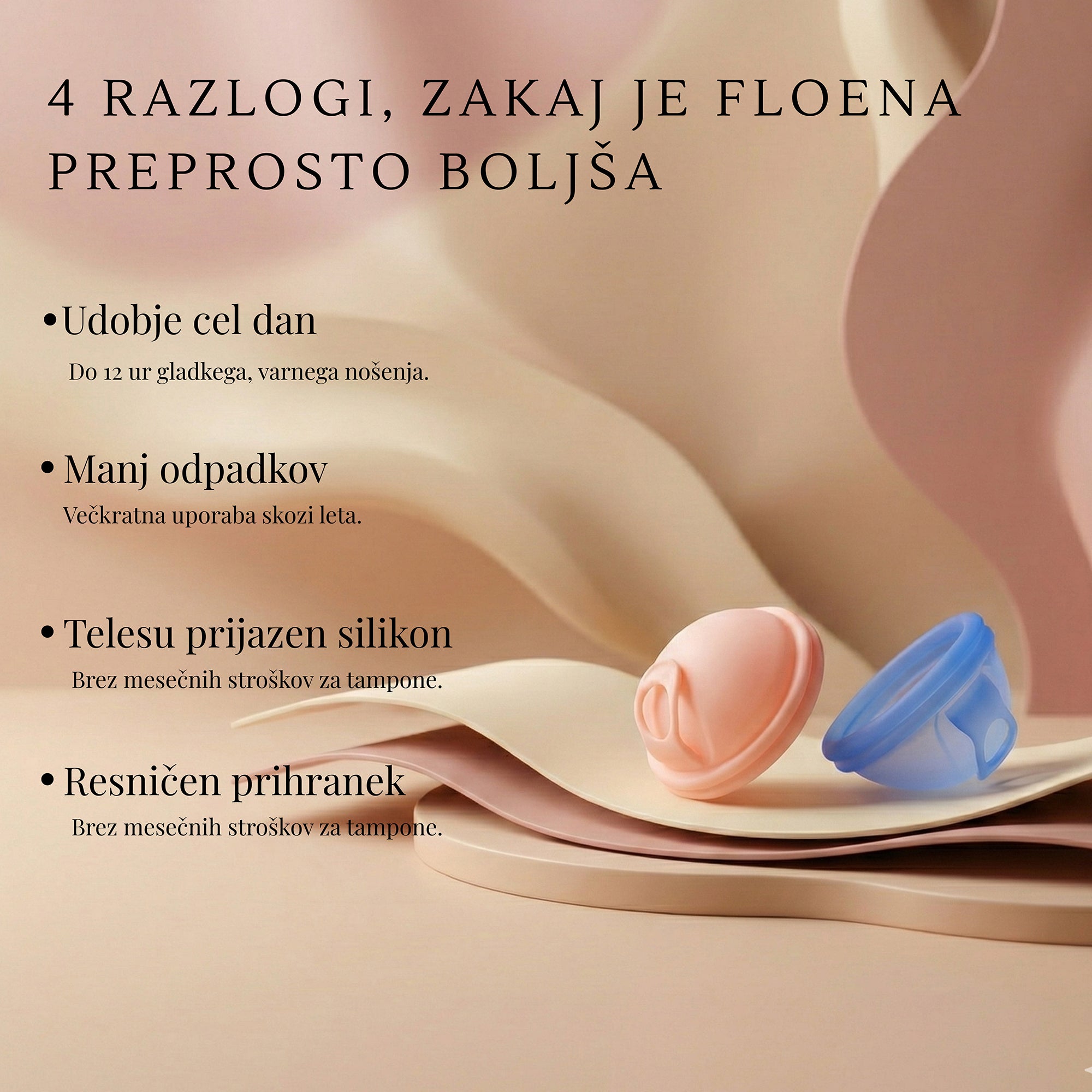 Floena Menstrual Disc — roza in moder menstrualni disk iz hipoalergenega silikona z besedilom o do 12 urah udobnega, večkratno uporabnega in okolju prijaznega nošenja