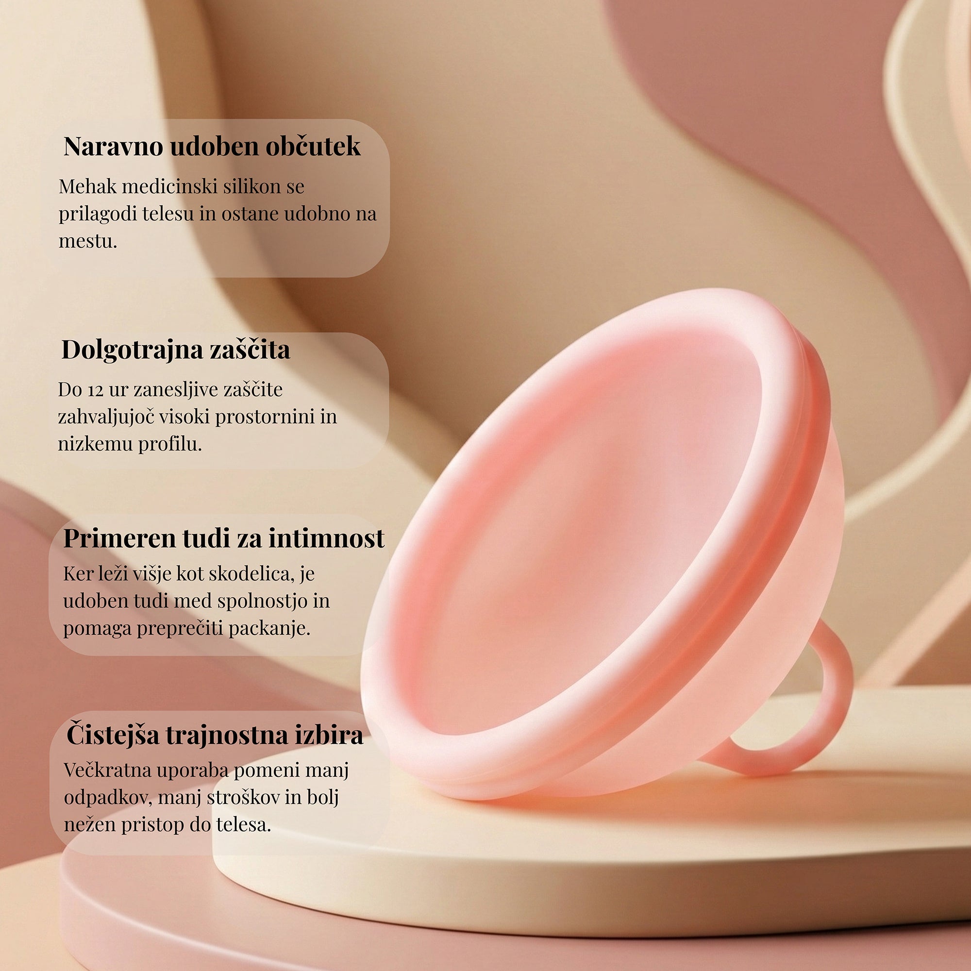 Floena Menstrual Disc — roza menstrualni disk iz mehkega medicinskega silikona z besedilom o udobju, dolgotrajni zaščiti, intimno prijaznem prileganju in okolju prijazni zasnovi