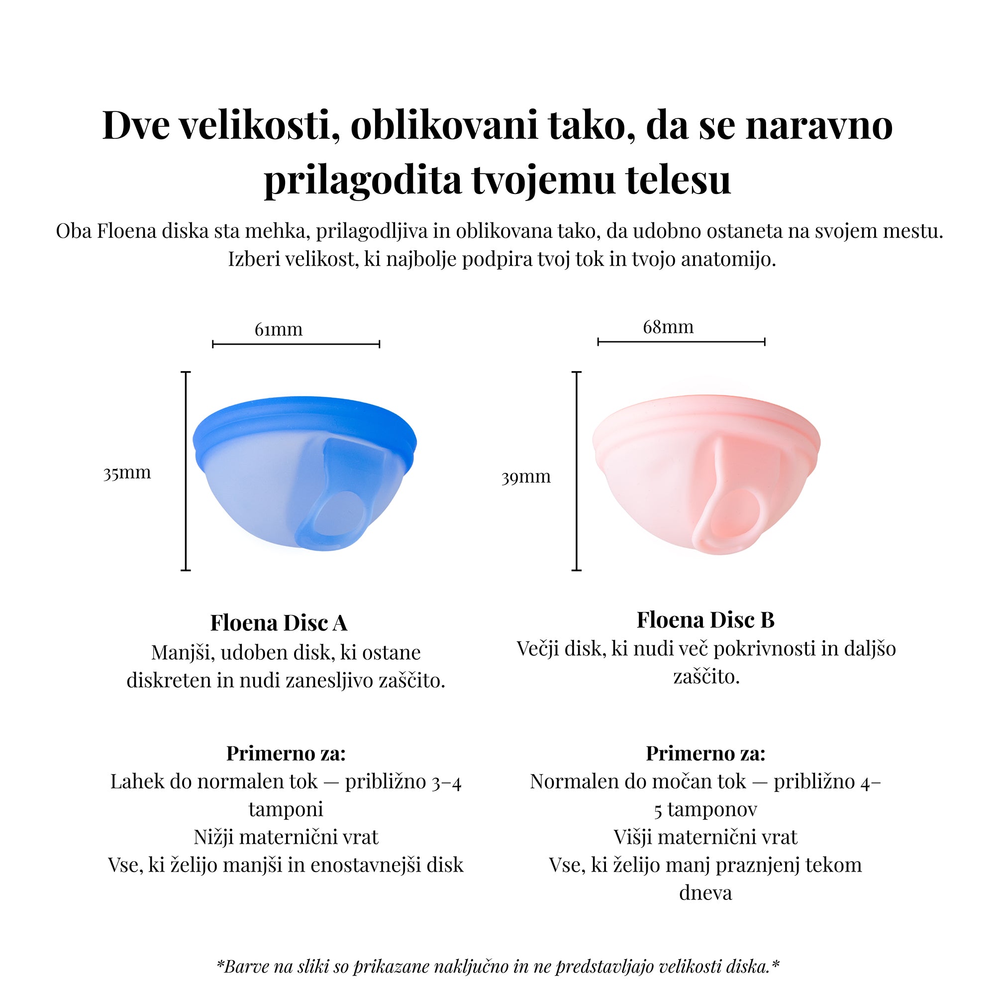 Primerjava dveh Floena menstrualnih diskov: disk A v modri (širina 61 mm, globina 35 mm) za lahek do normalen tok in disk B v roza (širina 68 mm, globina 39 mm) za normalen do močan tok