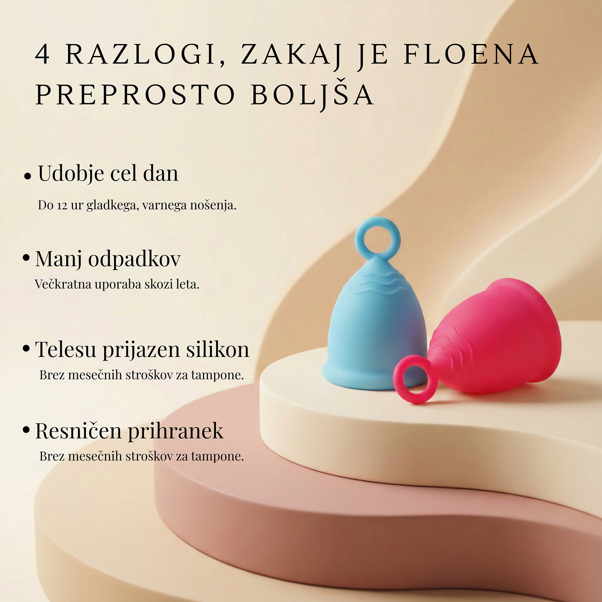Floena Ring Cup — roza in modra menstrualna skodelica z besedilom o celodnevnem udobju, manj odpadkih, telesu prijaznem silikonu in resničnem prihranku v primerjavi s tamponi