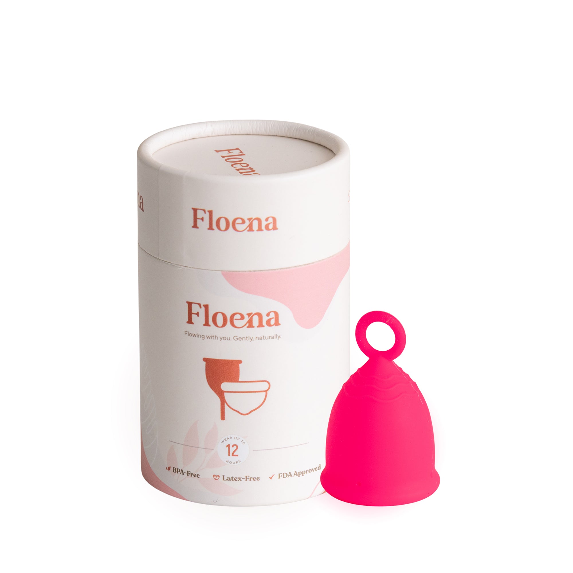 Floena Ring Cup — živo roza mehka, prožna menstrualna skodelica z obročkom ob embalaži, do 12 ur zaščite brez puščanja