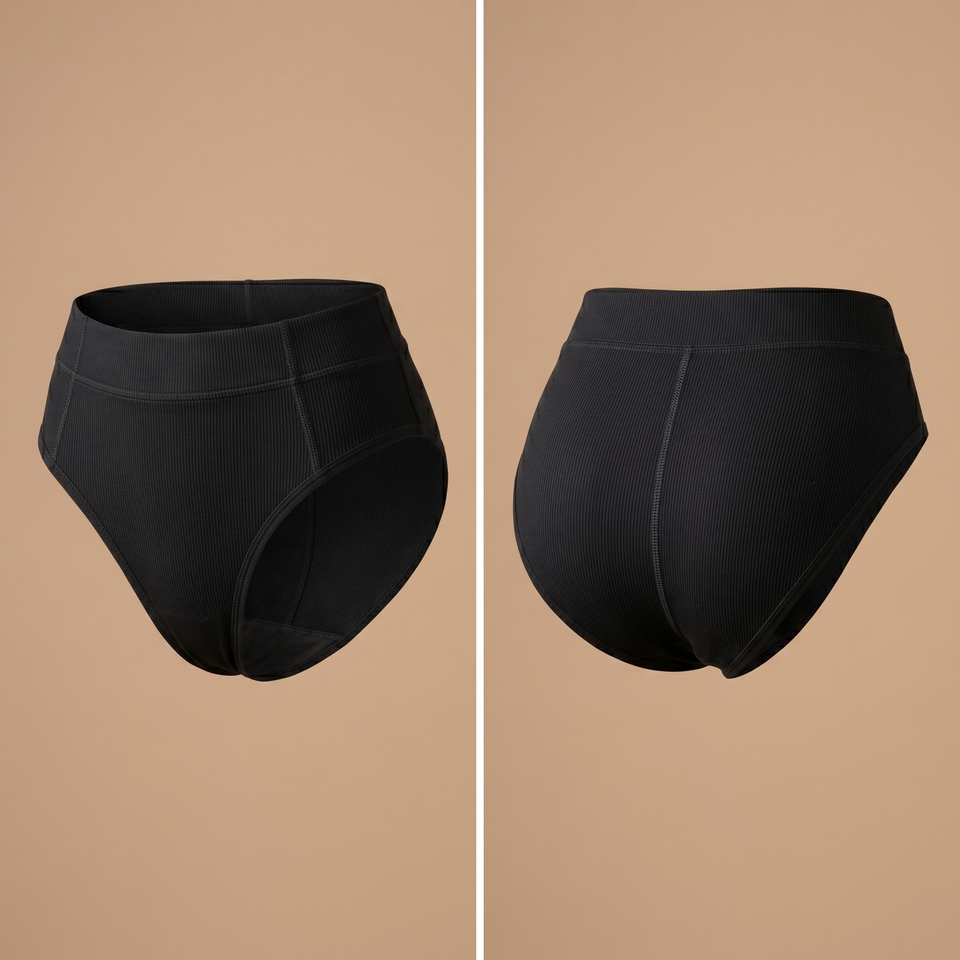 Floena Leakproof Ribbed High Waist Brief — črne rebraste menstrualne hlačke z visokim pasom