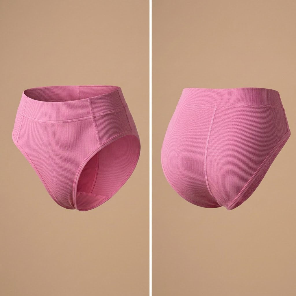 Floena Leakproof Ribbed High Waist Brief — roza rebraste visoko pasne menstrualne hlačke