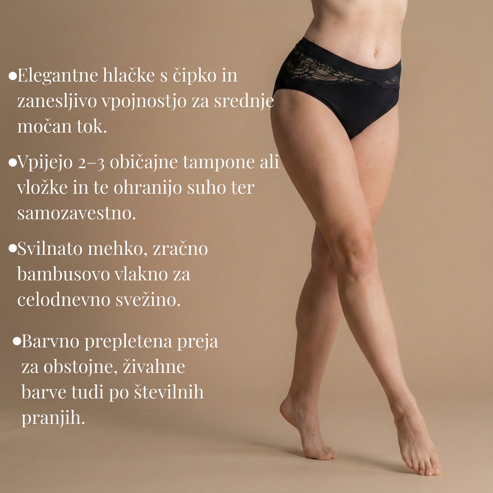 Stranski pogled na črne Floena Leakproof Bamboo Lace Brief, čipkaste menstrualne hlačke iz bambusa, z besedilom o srednji vpojnosti 2-3 tamponov in zračnem bambusovem materialu