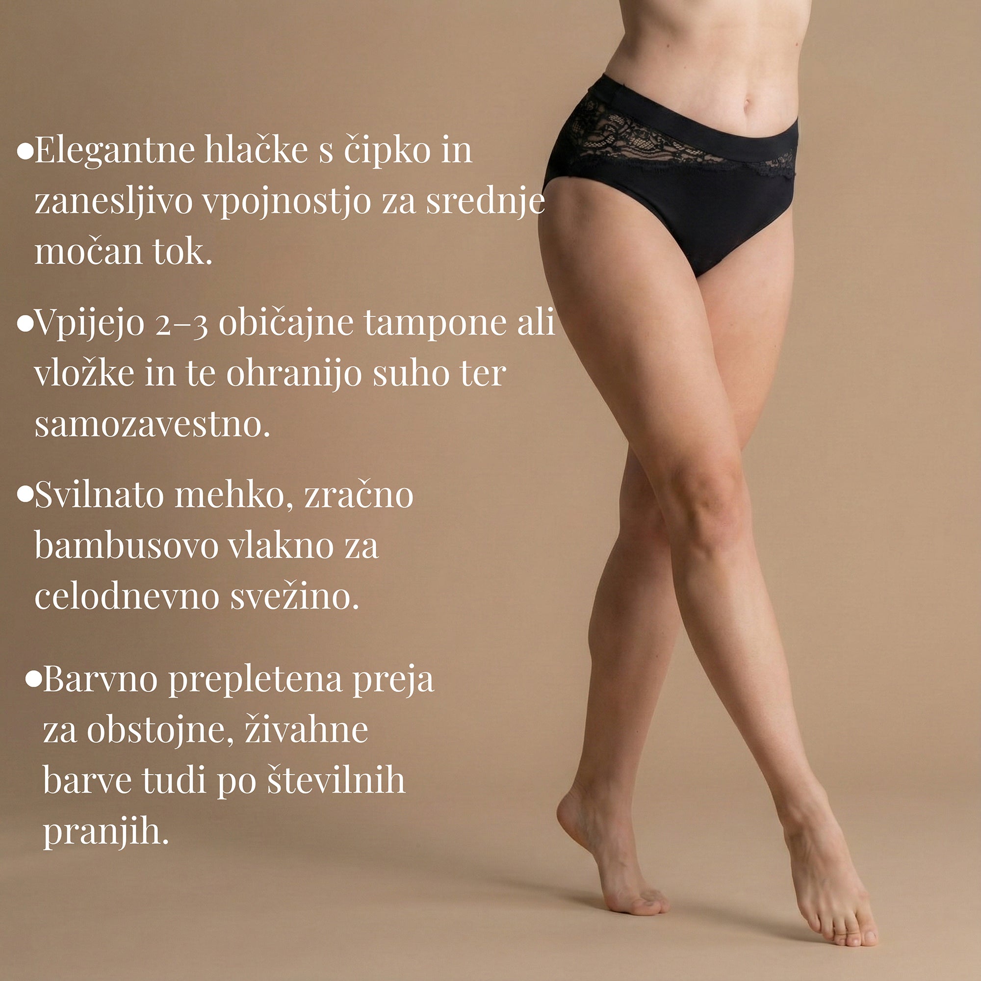 Stranski pogled na črne Floena Leakproof Bamboo Lace Brief, čipkaste menstrualne hlačke iz bambusa, z besedilom o srednji vpojnosti 2-3 tamponov in zračnem bambusovem materialu