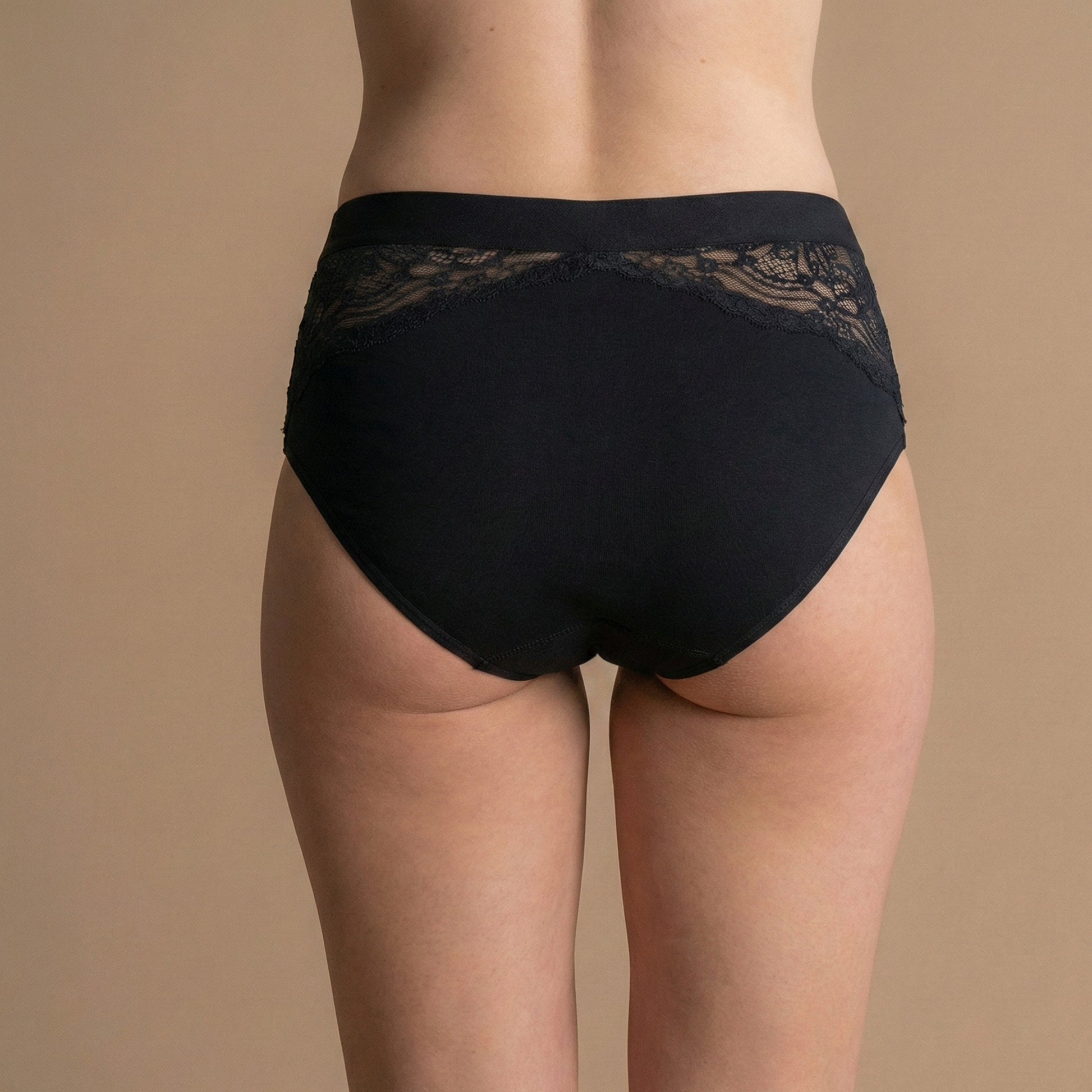 Zadnji čipkasti detajl črnih Floena Leakproof Bamboo Lace Brief, čipkaste menstrualne hlačke iz bambusa