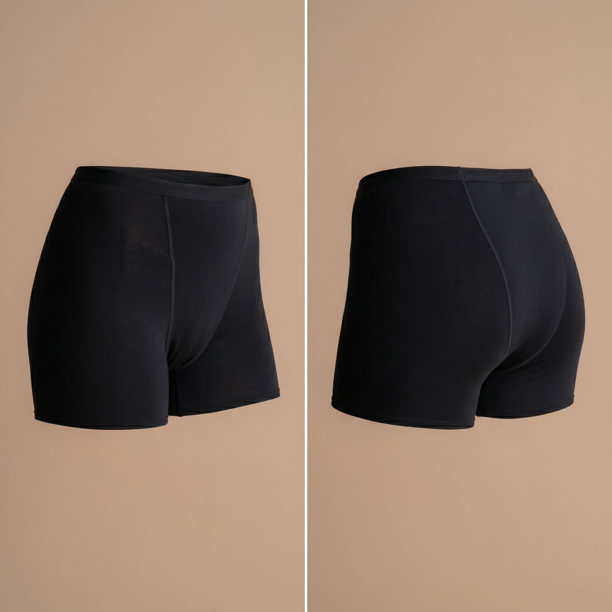 Floena Leakproof Bamboo Sleep Short — črne menstrualne kratke hlače za spanje, sprednji in zadnji pogled