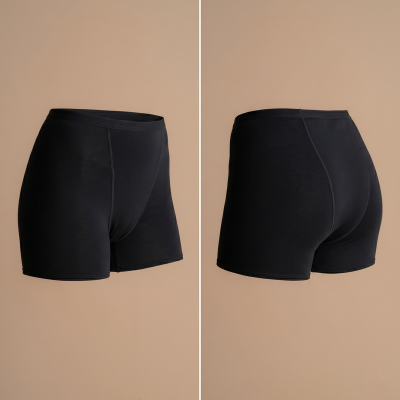 Floena Leakproof Bamboo Sleep Short — črne menstrualne kratke hlače za spanje, sprednji in zadnji pogled