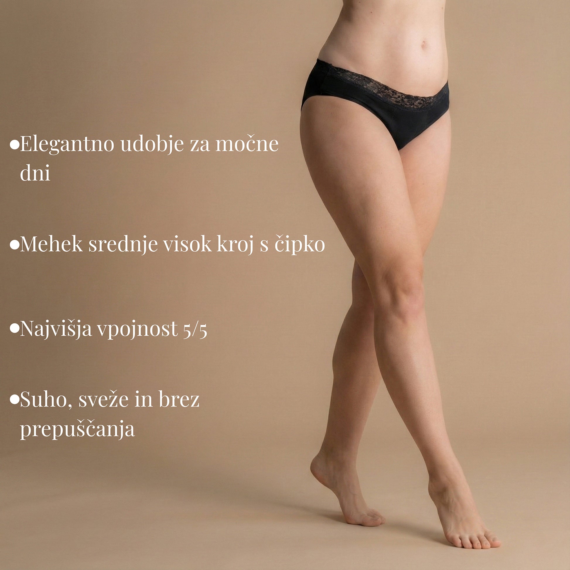 Floena Leakproof Comfort Brief — elegantne črne čipkaste menstrualne hlačke za močne dni, najvišja vpojnost 5/5, nepropustno