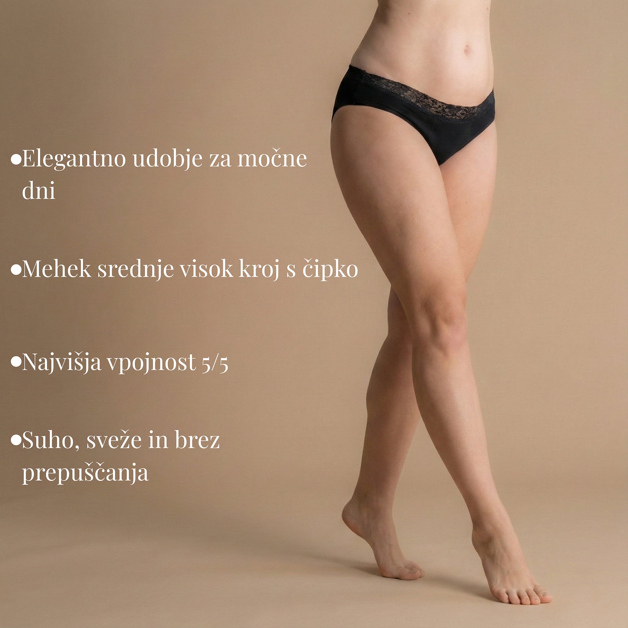 Floena Leakproof Comfort Brief — elegantne črne čipkaste menstrualne hlačke za močne dni, najvišja vpojnost 5/5, nepropustno