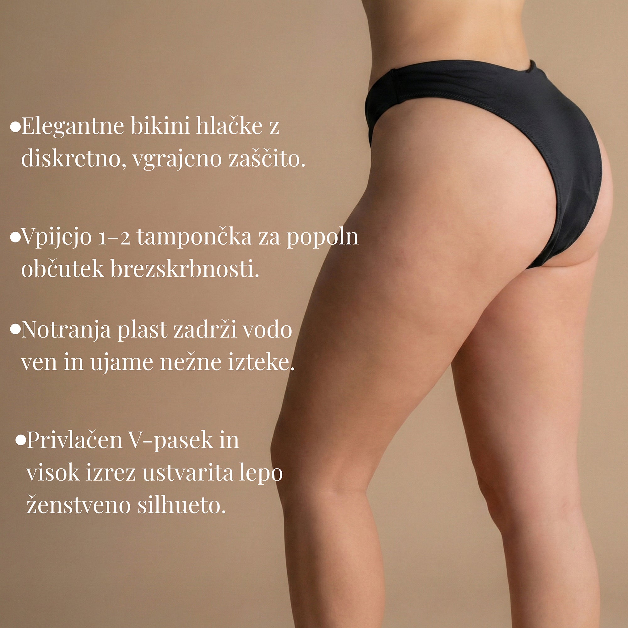 Zadnji stranski pogled na črni Floena Leakproof Period Swim Bikini Bottom, menstrualne kopalke, z visokim krojem, vodoodbojno notranjo plastjo in besedilom o vpojnosti do 1-2 tamponov