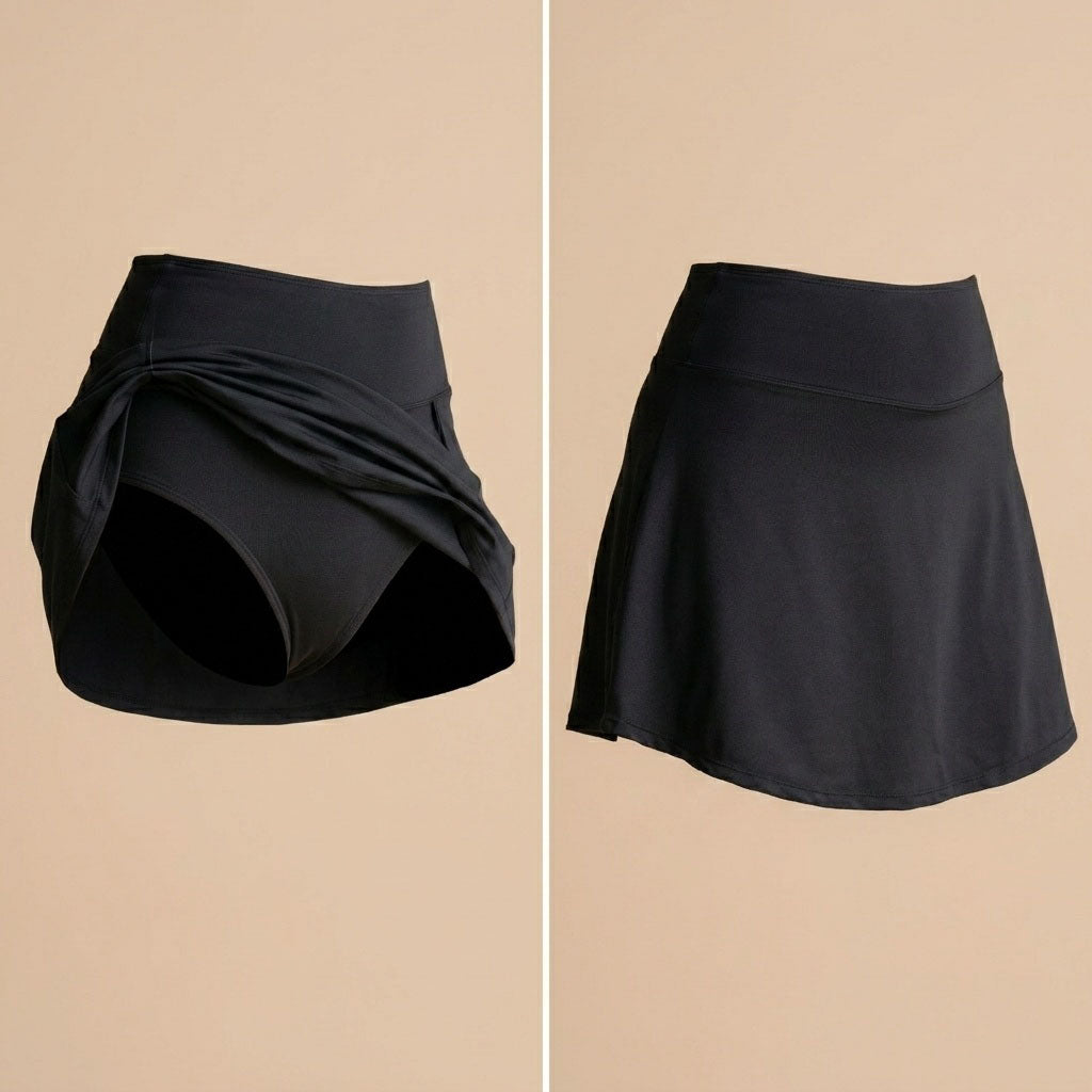 Floena Leakproof Period Swim Skirt — črno menstrualno kopalno krilo z vgrajeno zaščito