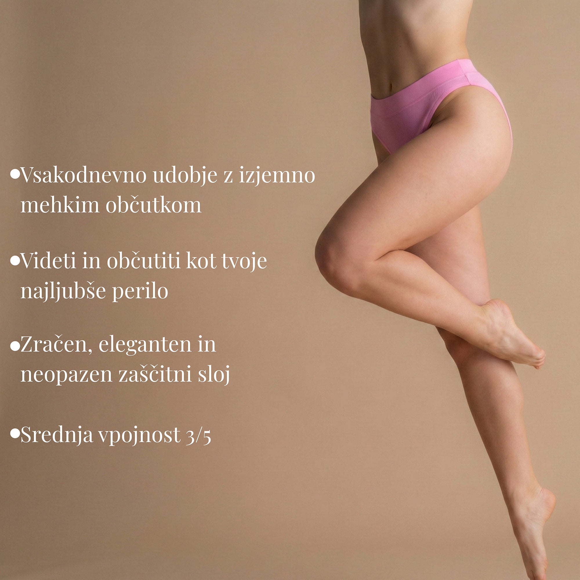 Model v roza Floena Leakproof Ribbed High Waist Brief, rebraste visoko pasne menstrualne hlačke, z besedilom o vsakodnevnem udobju, nevidni zaščiti in srednji vpojnosti 3/5