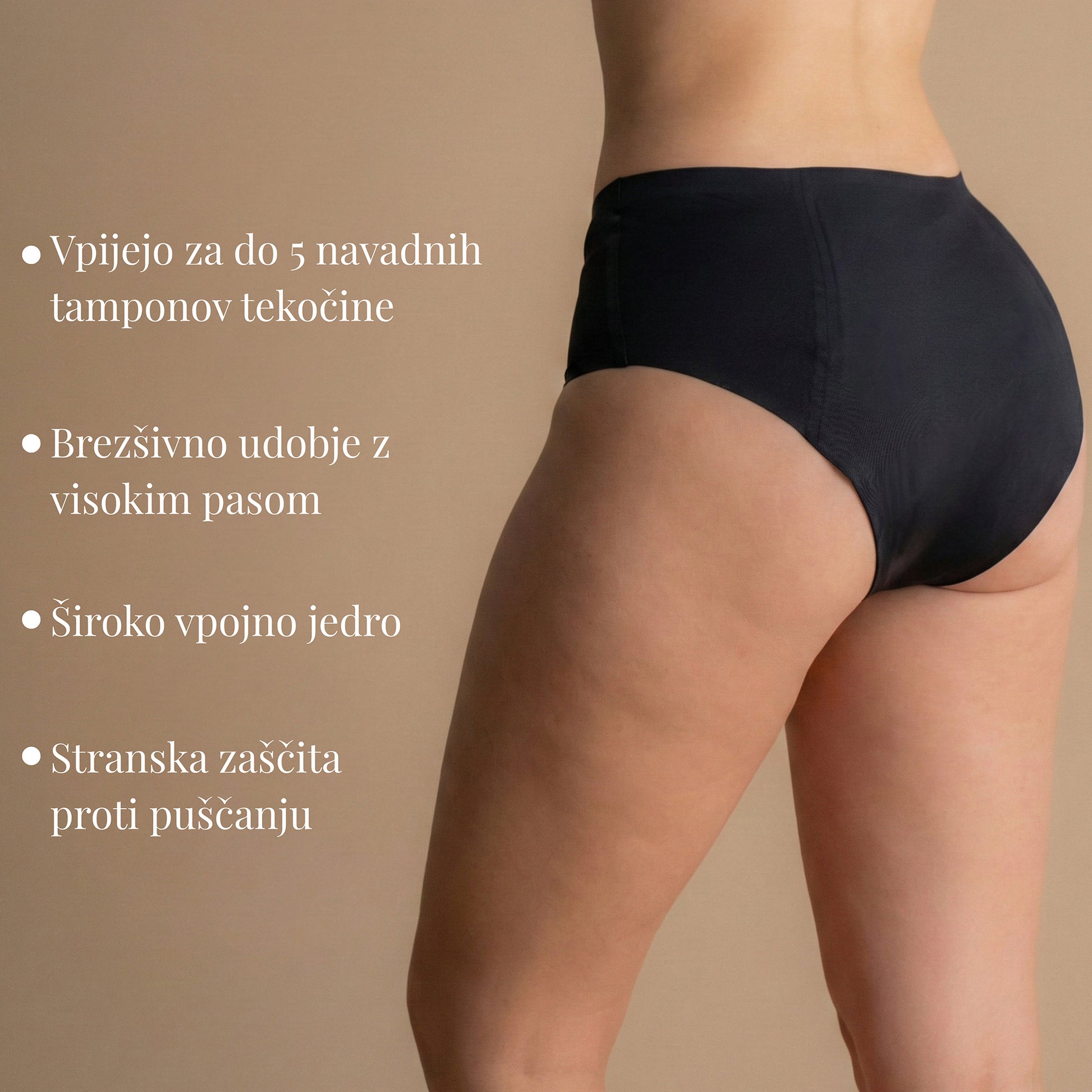 Zadnji pogled na model v črnih Floena Leakproof Seamless High Waist Brief, brezšivne visoko pasne menstrualne hlačke, s širokim vpojnim jedrom, nepremočljivimi stranskimi deli in besedilom o vpojnosti do 5 tamponov