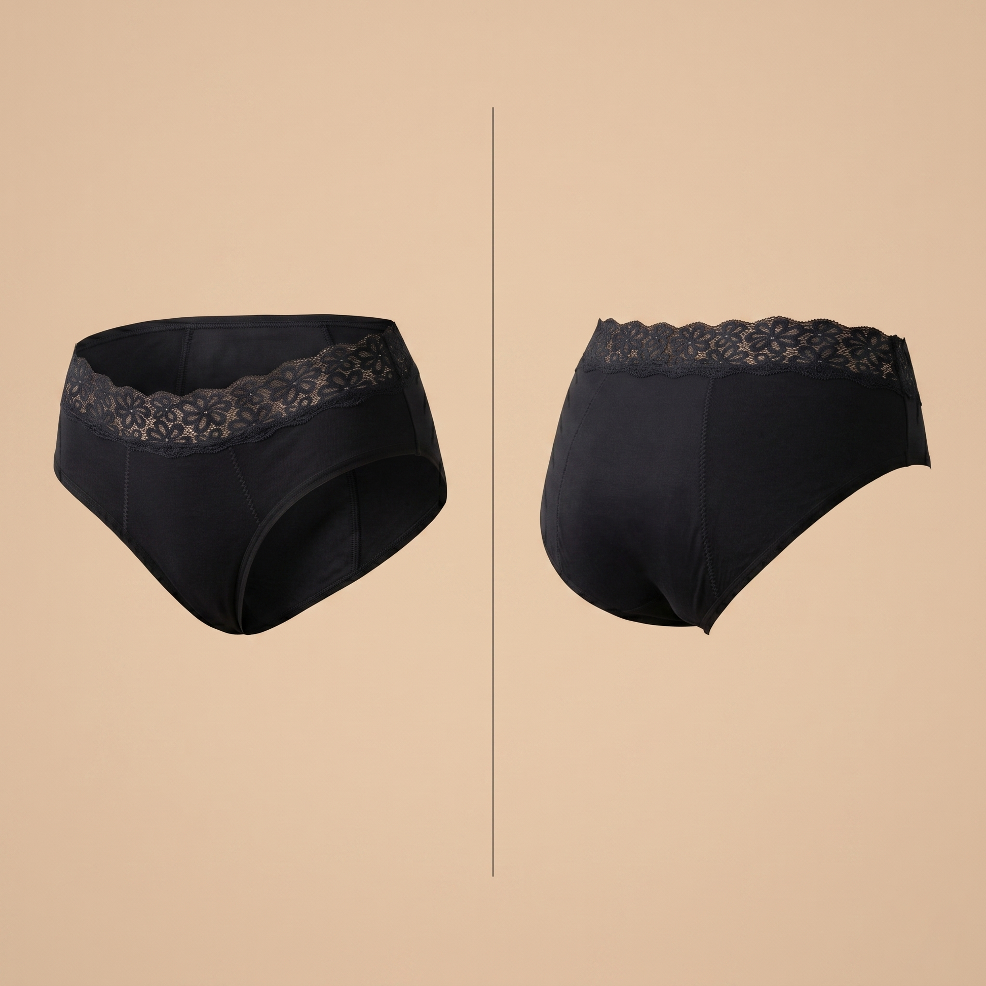 Floena Leakproof Soft Cotton Brief — črne bombažne menstrualne hlačke s čipkastim pasom